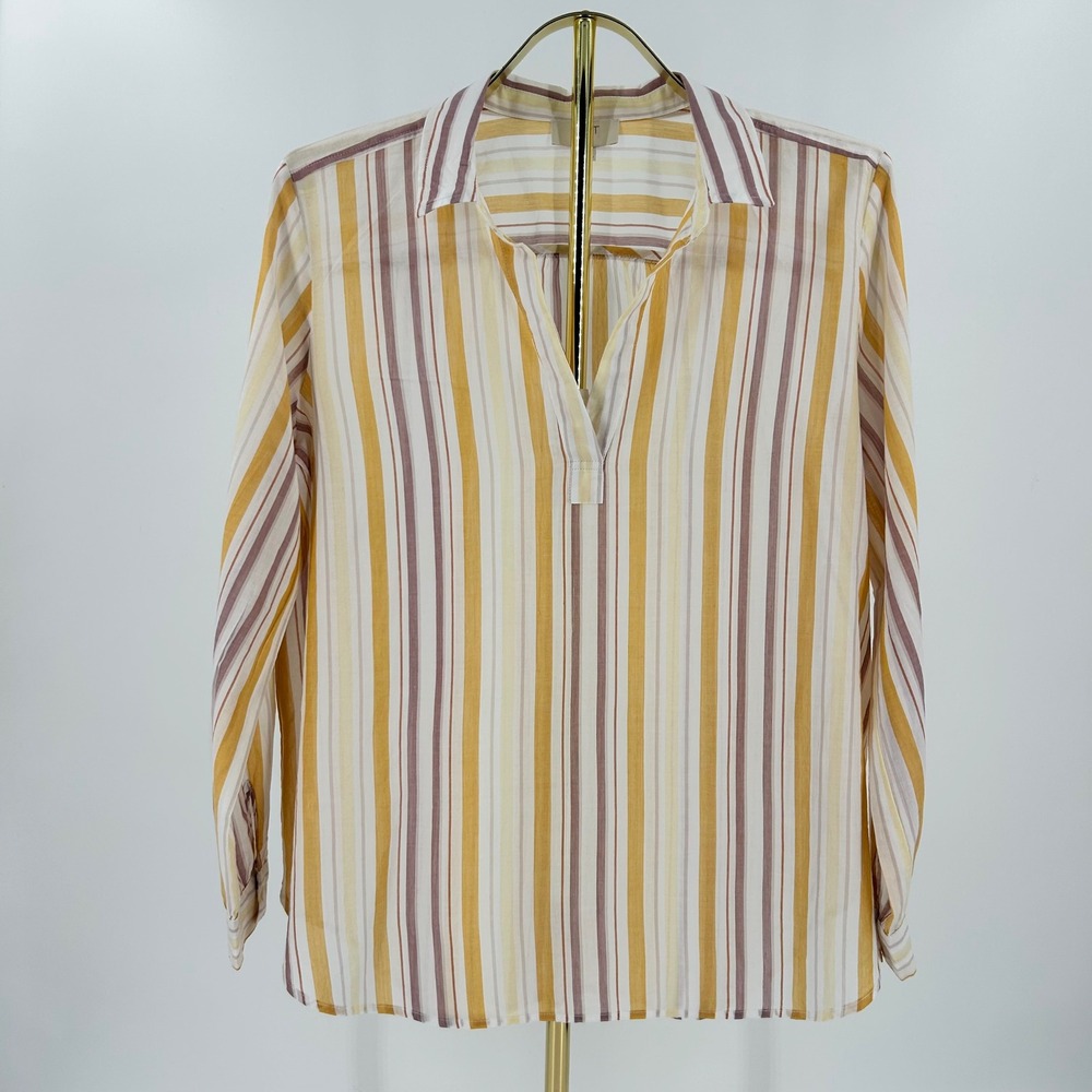 Loft Outlet Petite Striped Split Neck Cotton Blouse Yellow Orange LP 500867